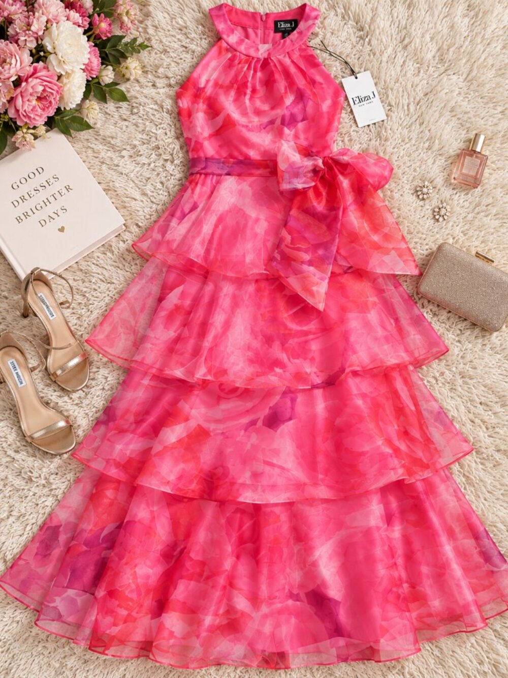 Eliza J Pink Floral Tiered Halter Formal Gown Maxi Dress Size 14 NWT - Picture 1 of 6